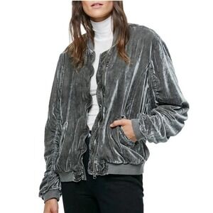 Free People Ruched Crush Velvet Bomber Zip Jacket Women Small Green Gray Viscose